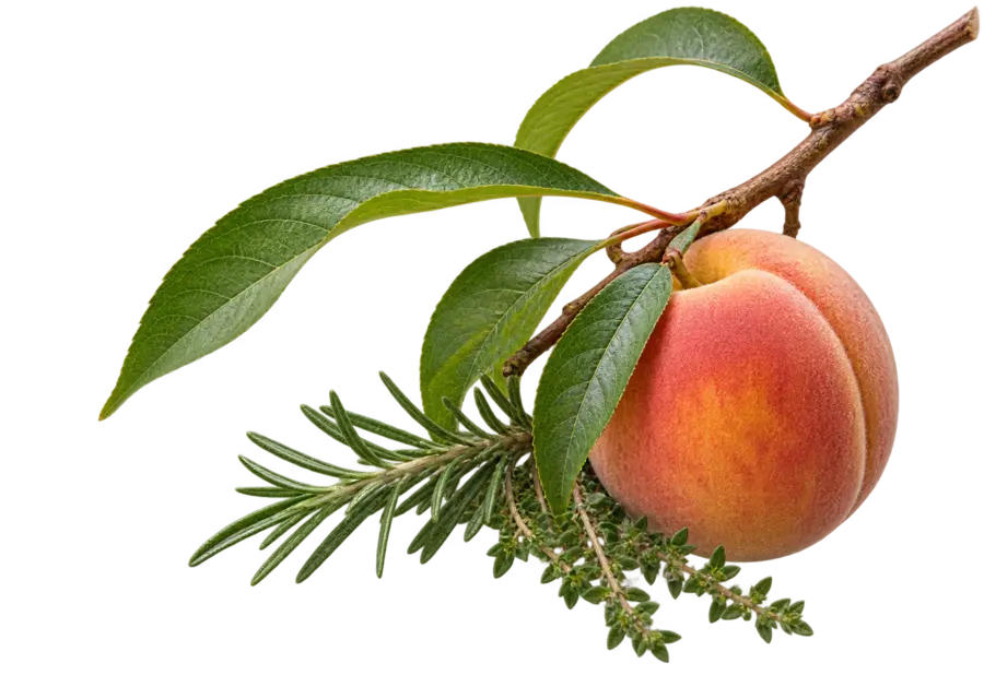 A peach branch and fresh herbs representing wholesome physical care