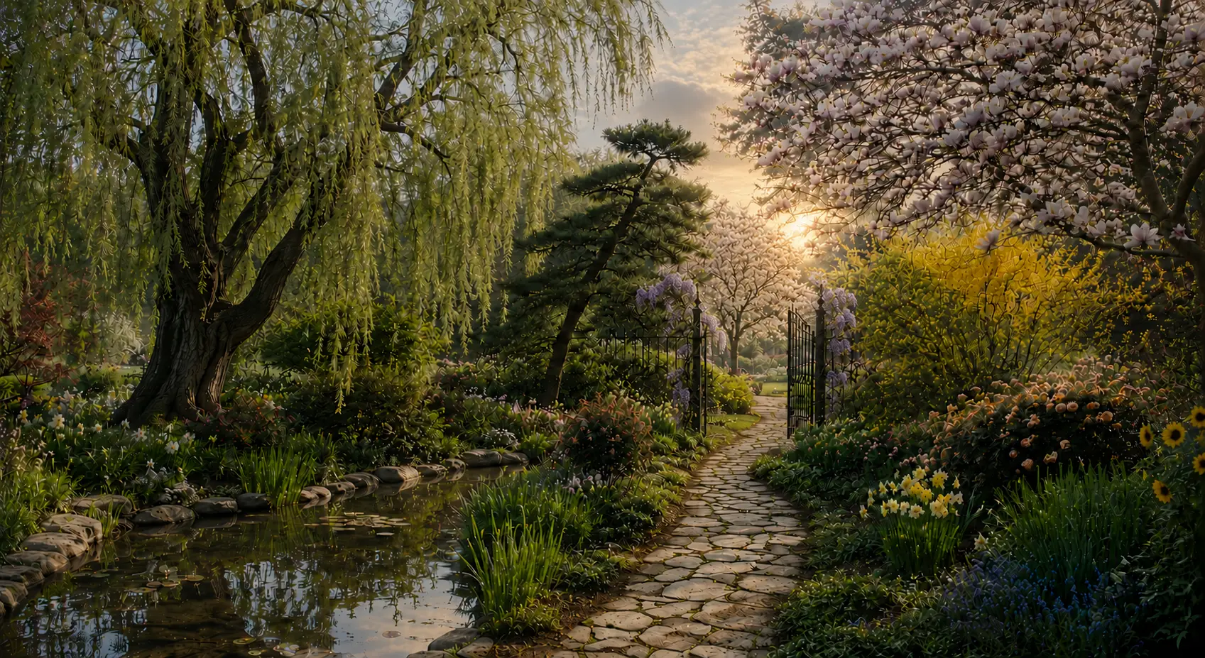 A peaceful narrow stone path leading through a quiet garden toward an open gate