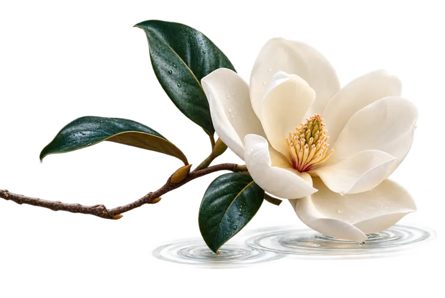 A magnolia blossom and gentle water ripples representing the soul