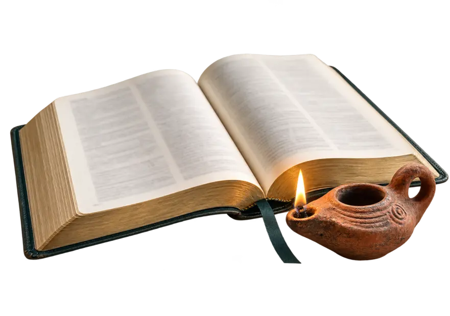 An open Bible and ancient oil lamp representing spiritual nourishment