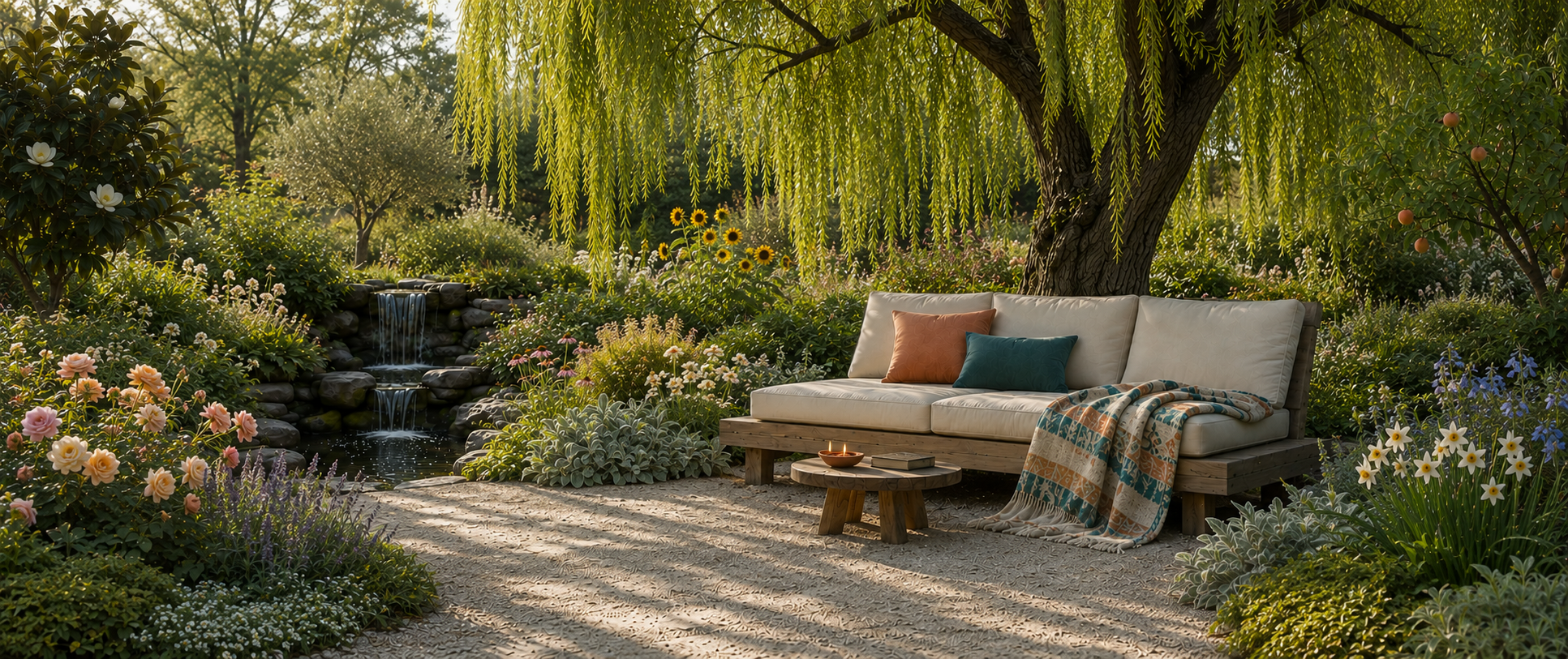 Peaceful garden with a weeping willow, reflection bench, flowers, and a gentle waterfall
